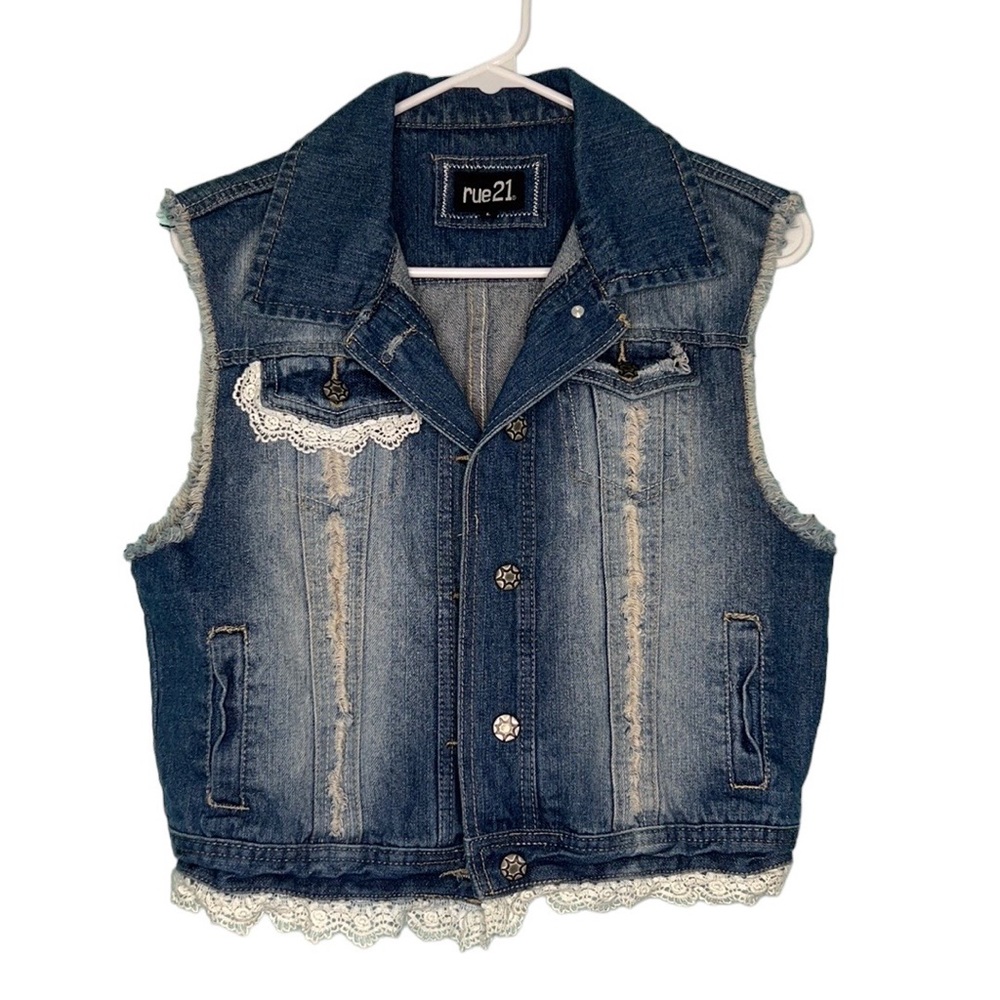 Distressed Blue Jean Denim & Lace Button Down Vest Women’s Size Large